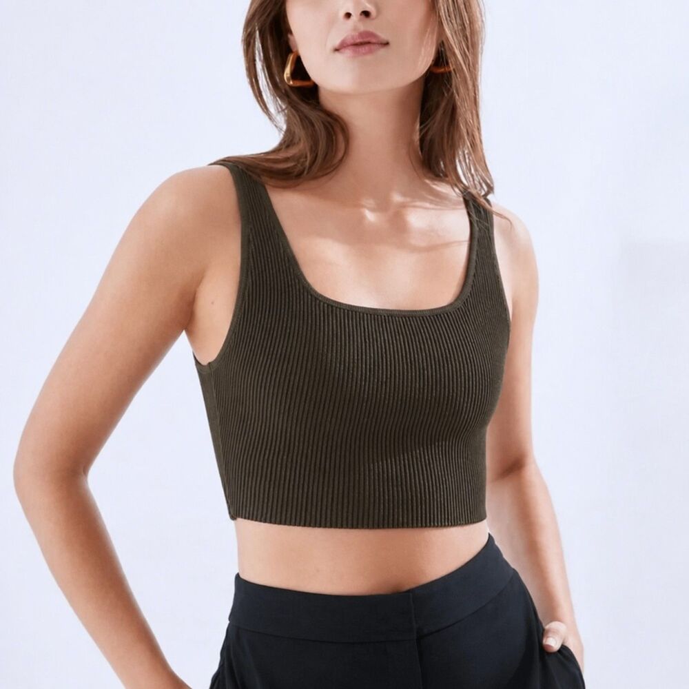 Aritzia Babaton Sculpt Knit Squareneck Cropped Tank Olive Brown Size M
